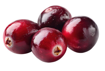 Obraz premium Close-up of four fresh cranberries. Vibrant, deep red berries, glossy and plump, clustered together against a black background. Distinct, small, light-colored centers
