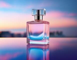 iridescent perfume bottle on a reflective surface bathed in soft pastel pink and blue light creating a dreamy ethereal atmosphere