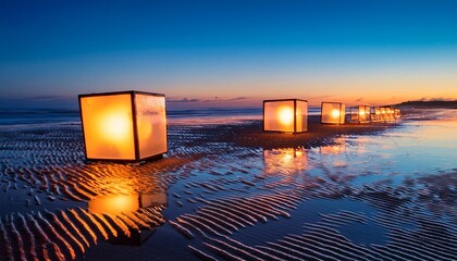 illuminated translucent blocks stand in a row on a sandy beach at twilight their warm inner light reflected in the wet sand