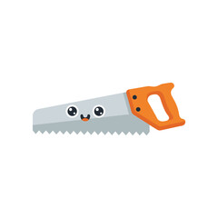 Fototapeta premium Cartoon-style smiling hand saw with a cheerful expression and vibrant orange handle on a white background