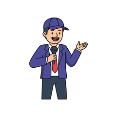 Obraz premium Cheerful presenter in a cap delivering a speech with a microphone, engaging the audience