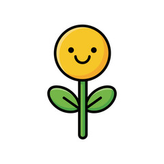 Cheerful smiling flower illustration with vibrant yellow petals and green leaves on white background