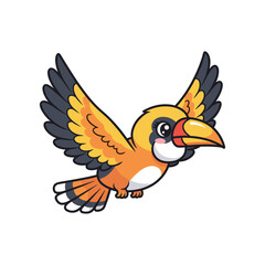 Fototapeta premium Colorful cartoon bird in flight, showcasing vibrant feathers against a plain background