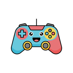 Obraz premium Colorful cartoon game controller with a happy face, set against a simple white background