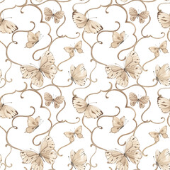 Naklejka premium Watercolor romantic flowers. Floral seamless pattern with butterflies. Beige colors. Beige butterflies and plants. Monochrome brown print for fabric. Home textile. Tablecloth, wallpaper.