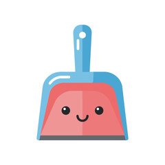 Obraz premium Cute cartoon dustpan with a smiling face, set against a simple white background, ideal for children's cleaning themes