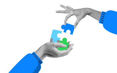 Hand giving puzzle pieces teamwork and solution concept