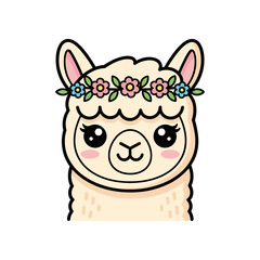 Obraz premium Cute cartoon llama with a floral crown, smiling brightly against a white background (1)