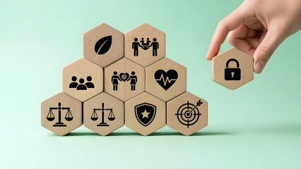 Cybersecurity concept with wooden hexagons and security icons