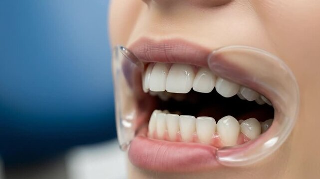 Close-up of a persons mouth with a dental retractor, showcasing healthy teeth and gums during a dental examination or procedure.