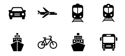  eight black silhouette icons representing different modes of transportation