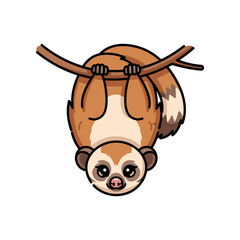 Obraz premium Cute cartoon sloth hanging upside down from a branch in a playful pose, surrounded by greenery