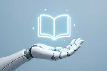 Robotic hand holding a glowing open book symbol on a soft blue background. Concept of learning with artificial intelligence, digital education, and guided knowledge