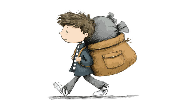 Young School Boy Carrying Heavy School Bag on White Background Vector Illustration