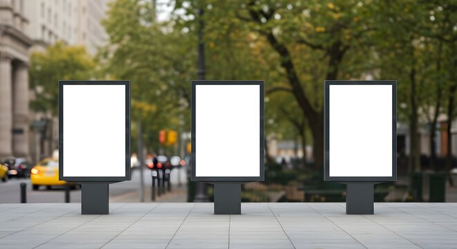 Two Blank Vertical Outdoor Advertising Billboards on a City Street Sidewalk