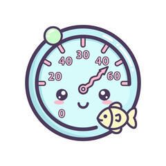 Fototapeta premium Cute cartoon-style pressure gauge with a smiling face and a fish, set against a simple background