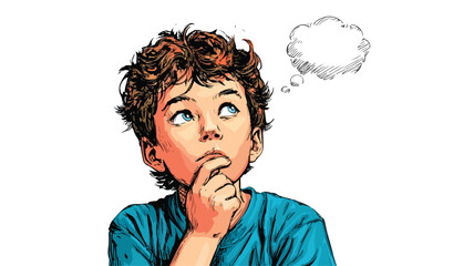 Thoughtful Young Boy Illustration on White Background with Outline