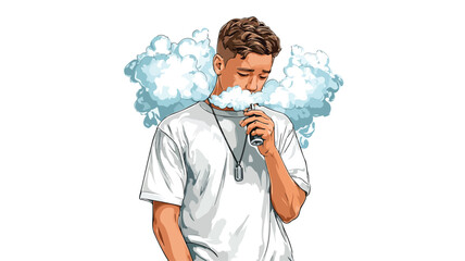 Young Boy Vaping Vector Illustration on White Background with Outline Isolated