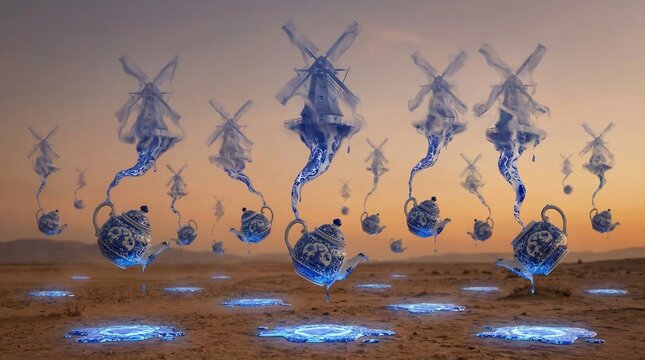 Surreal Delftware Teapots Melting Upwards into Windmill Clouds in Desert