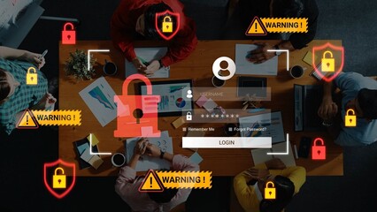 Security and Privacy Alert on Login Screen with Warning Signs and Lock Symbols Over Business Meeting Table in Modern Office Environment Gluon.