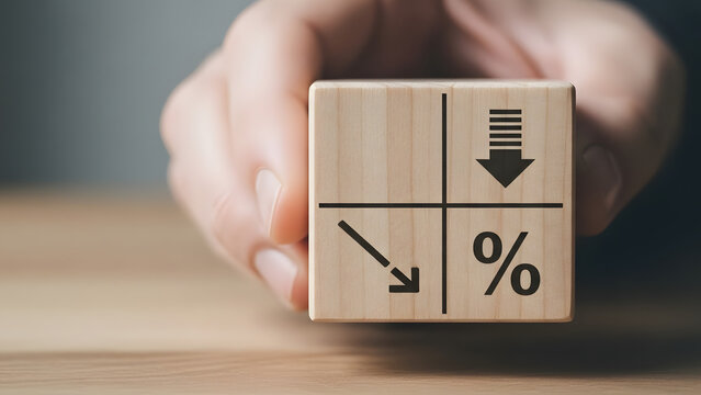 Hand holding wooden cube with percentage and down arrow symbol