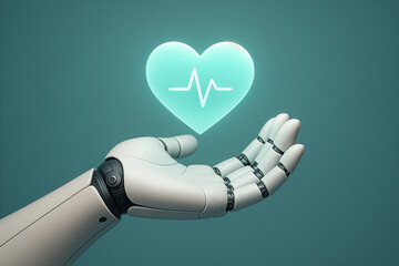 Robotic hand holding a glowing heart with heartbeat symbol on a calm teal background. Concept of artificial intelligence monitoring human health, digital care, and continuous wellbeing support