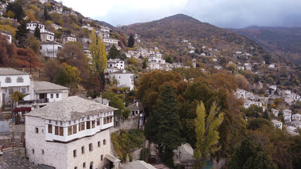 Obraz premium Makrinitsa village at Pelion mountain,Autumn,Aerial view,Magnesia,Thessaly,Greece
