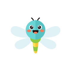 A cheerful cartoon dragonfly with a smiling face and colorful body, set against a plain background