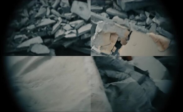 Collage of collapsing concrete building in dramatic documentary style, gray and dusty tones, urban demolition and structural destruction concept