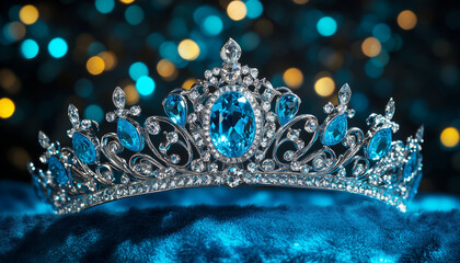 Elegant silver crown adorned with large blue gemstones and tiny sparkling diamonds. Royal tiara sits on a dark surface with blurred