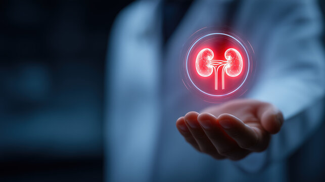 Doctor holding glowing holographic kidney, kidney diseases nephrology medical technology healthcare concept