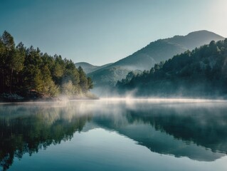 tranquil lake surrounded by pine trees and misty hills reflecting in the crystalclear water creating a serene and natural landscape