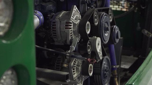 Clean internal combustion engine in open engine compartment of new bus inside depot. Manager points hand at engine accessory drive belt in closeup indoor.