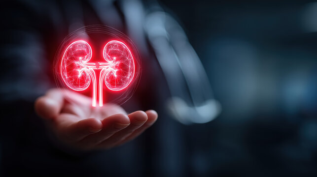 Doctor holding glowing holographic kidney, kidney diseases nephrology medical technology healthcare concept