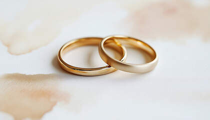 Two gold wedding rings intertwined, symbolizing love and commitment. Watercolor illustration of precious metal jewelry on soft