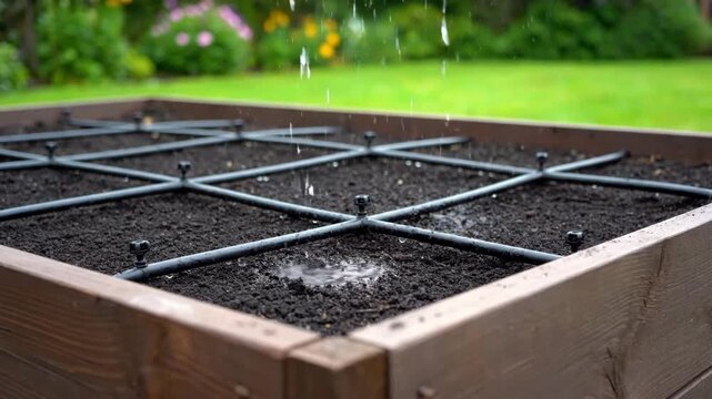 Modern drip irrigation system in realistic gardening style, dark soil and green tones, efficient water management for sustainable agriculture