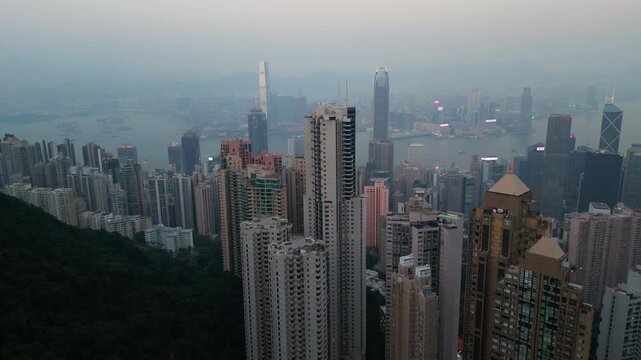 Ridge foreground frames crowded highrises while harbour opens beyond. ICC building silhouette stands across water as ferries draw lines weaving through calm Hong Kong city