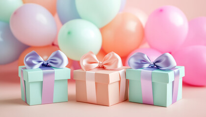 Soft pastel gift boxes with ribbons sit before a backdrop of colorful balloons. This scene suggests celebration, joy, and presents,