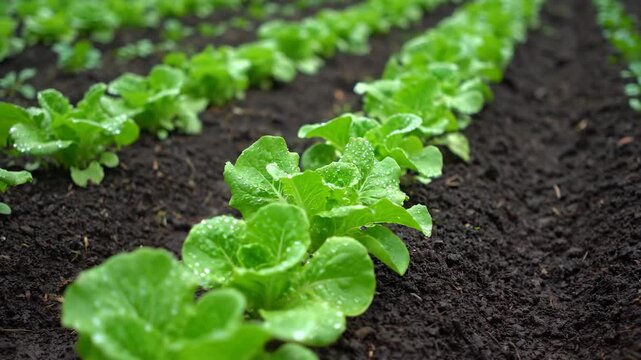 Fresh green lettuce growing in neat rows with natural healthy mood representing organic farming against cultivated soil background