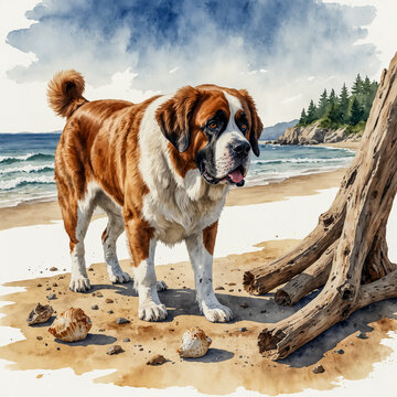 Watercolor illustration of a Saint Bernard exploring driftwood and seashells along the shore.
