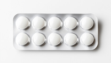 One full blister pack of ten empty white pills or tablets, isolated on a white background. The silver foil packaging contains round