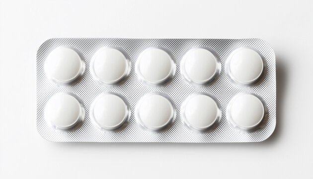 One full blister pack of ten empty white pills or tablets, isolated on a white background. The silver foil packaging contains round