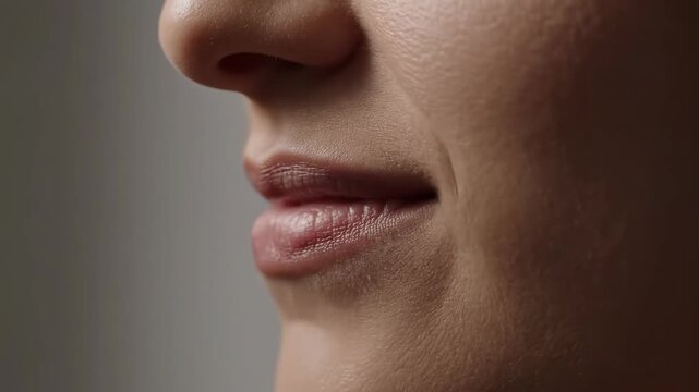 Subtle smirk on mouth 4K video. A tight facial close-up capturing a subtle smirk forming on one side of the mouth, emphasizing restrained emotion.