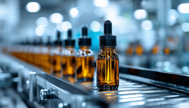 Amber glass bottles with droppers move along automated assembly line in pharma factory. Production process for medicine or cosmetic