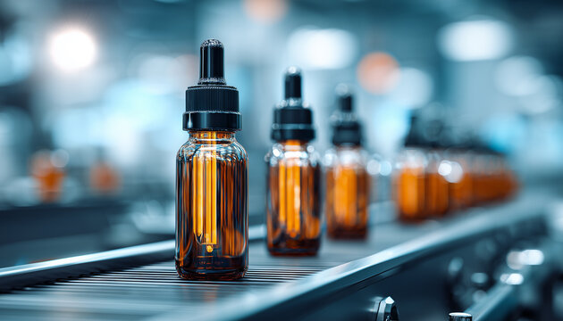 Amber glass bottles with droppers move along automated assembly line in pharma factory. Production process for medicine or cosmetic