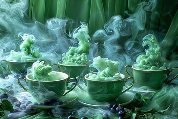 Elegant Green Tea Party Surrounded by Mystic Fog, Vintage Cups, and Sophisticated Berry Decorations