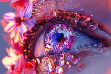 Mysterious Closeup Portrait of an Eye with Abstract Artistic Makeup in Dreamlike Purple Aesthetic
