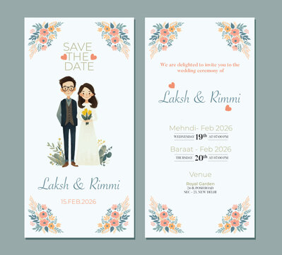 Traditional Royal Wedding Invitation card design with Bride and Groom Welcoming illustration	