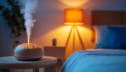 Mist rises from a lit diffuser on a nightstand beside a cozy bed. Warm lamp light creates a relaxing bedroom atmosphere