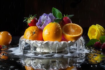 Colorful Still Life of Citrus Fruits, Berries, and Flowers Against a Dark Background for Freshness